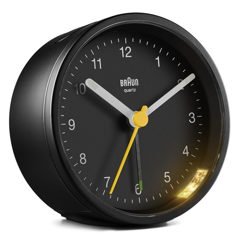 Braun Quartz Alarm Clock Black 7.5x7.5cm - Kvartsi Herätyskello - Pyöreä - Musta - Analoginen - Keltainen - Paristo/Akku