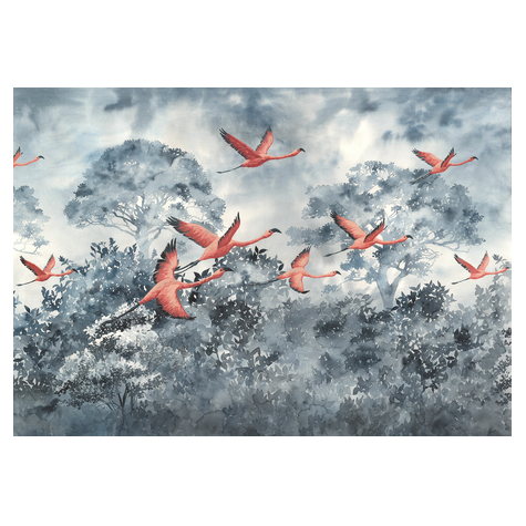 Fleece Valokuva Taustakuva  - Flamingot Taivaalla - Koko 400 X 280 Cm